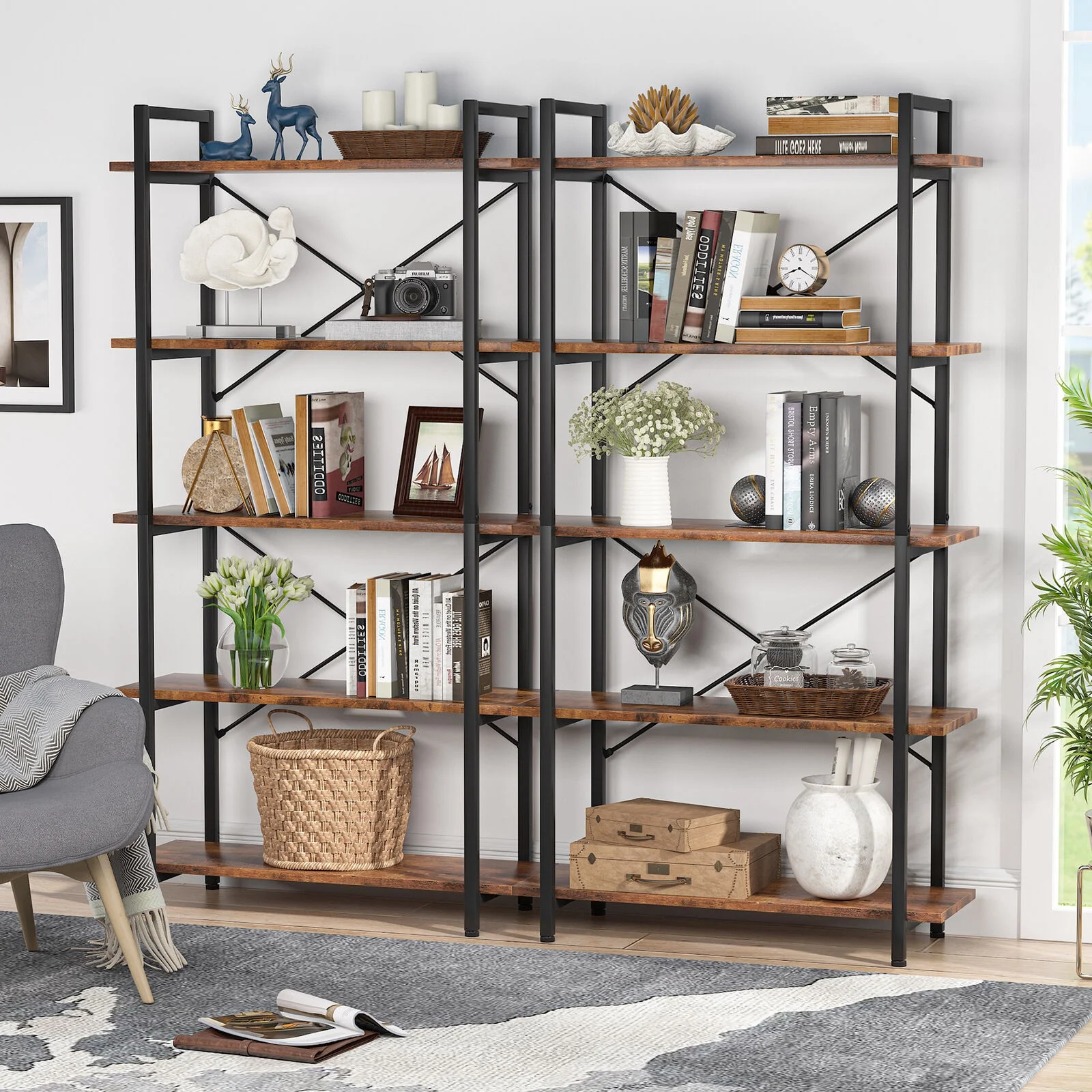 Tribesigns 5 Tier Shelf Unit for Living Room Office 62.99"H Rustic Brown Bookcase