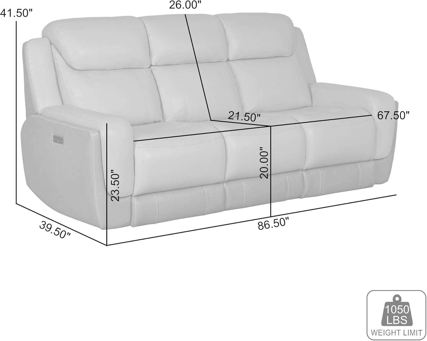 Armen Living Rosalyn Modern Zero Gravity Power Reclining Sofa with Dropdown Console, 87" Wide, Silver and Gray Top Grain Leather