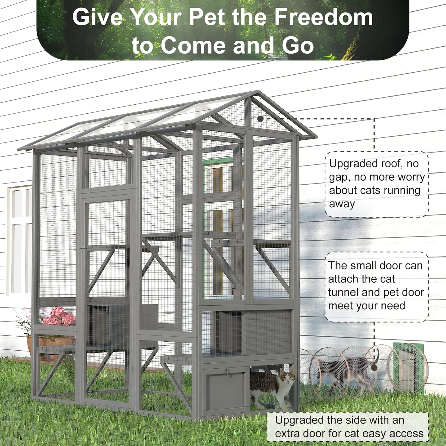 Cat Catio, Large Cat House Outdoor, Outside Cat Enclosure with Sunshine Panel Roof and Waterproof Cover, Wooden Cat Cage with 7 Platforms & 2 Resting Box, Walk in Feral Cat Shelter, 72 inch