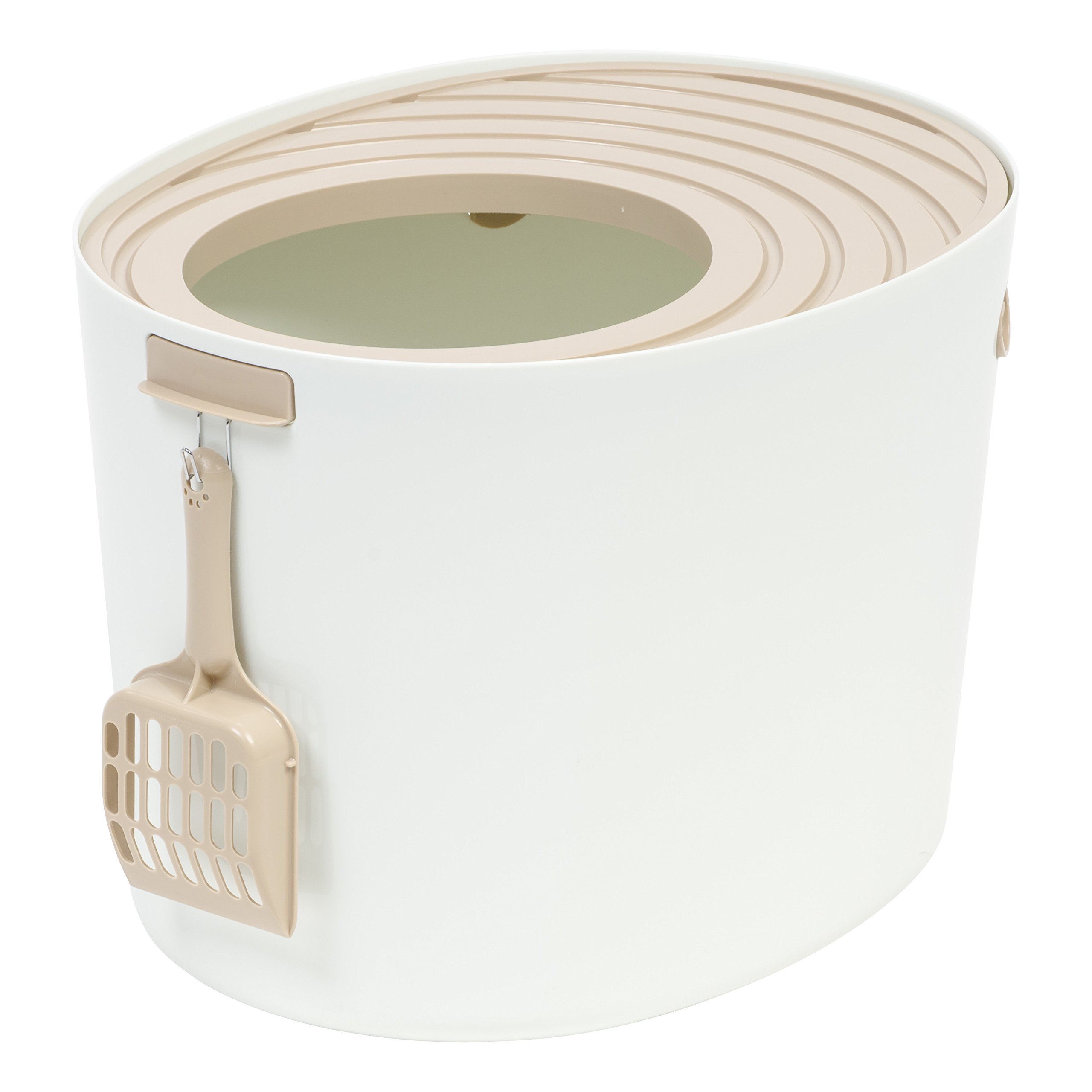IRIS USA Medium Stylish Round Top Entry Cat Litter Box with Scoop, Curved Kitty Litter Pan with Litter Particle Catching Grooved Cover and Privacy Walls, White/Beige
