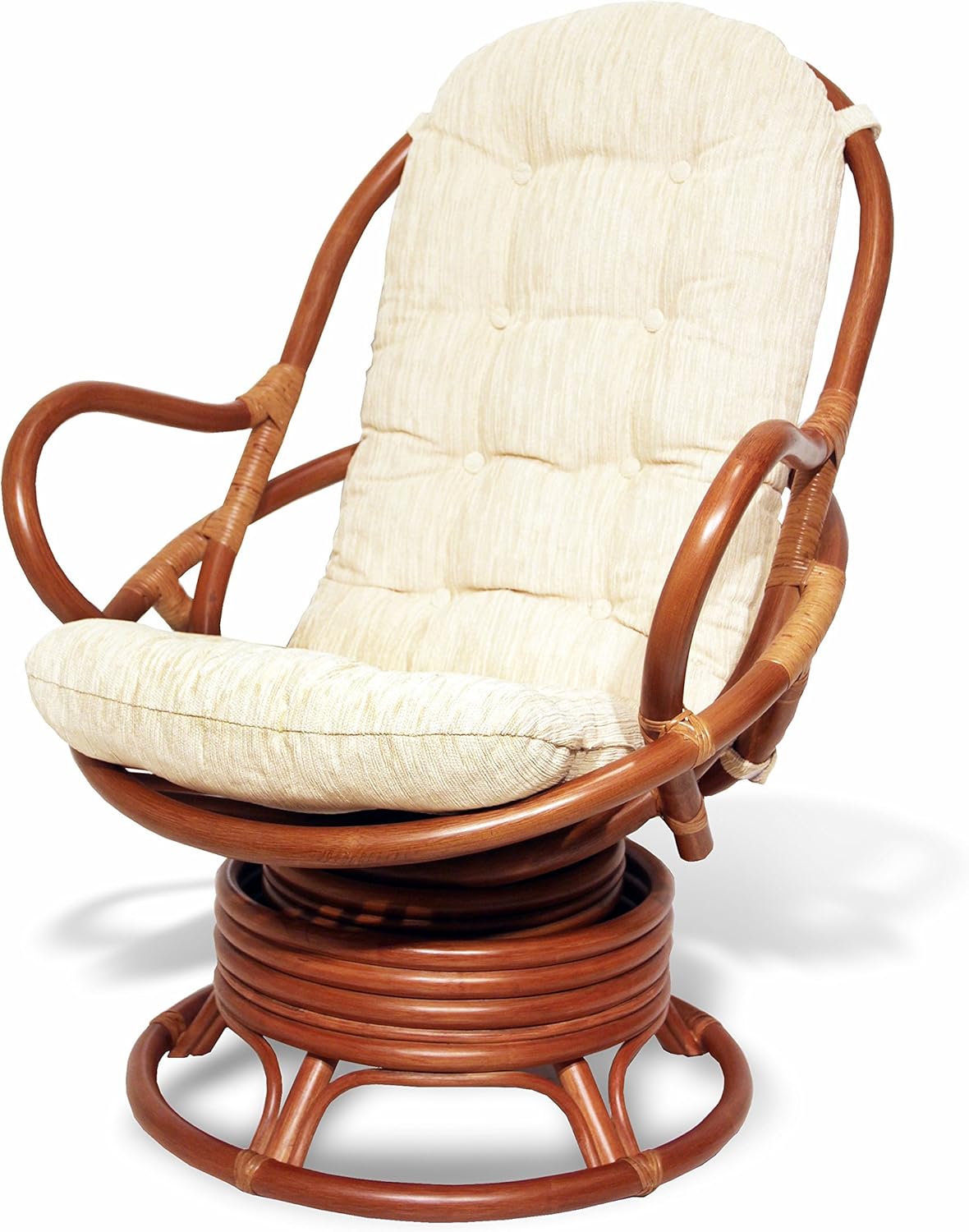 Wickerix 2 PC Java Swivel Rocking Chair Natural Handmade Rattan Set: Lounge Arm Chair w/Cream Cushion and Coffee Table, Colonial