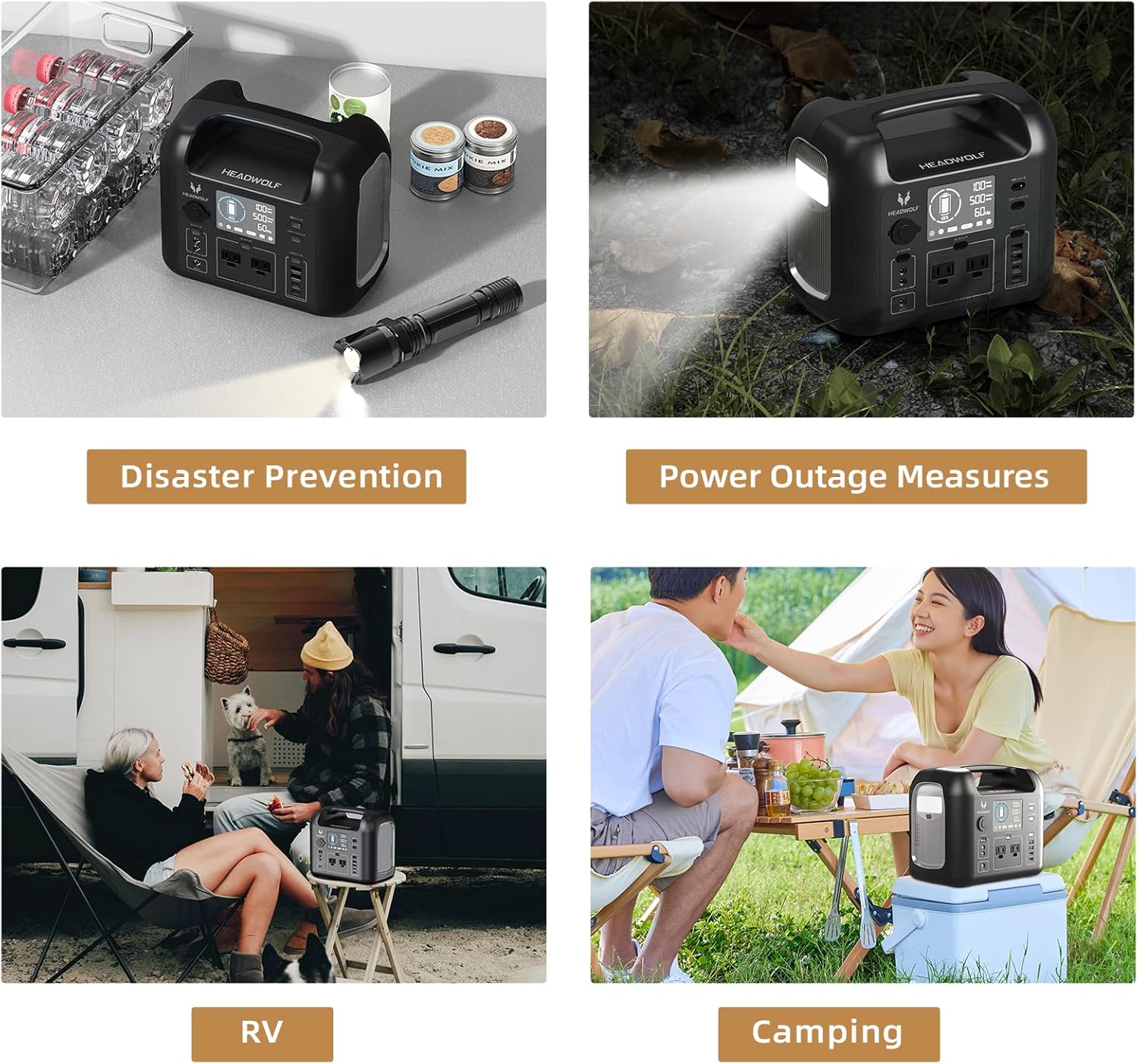Headwolf D500 Portable Power Station, 518Wh LiFePO4 Battery Backup,110V/500W AC Outlets 9-Ports Outdoor Generator,PD100W in/Out Put Solar Generator for Camping, Outdoors,Home Blackout