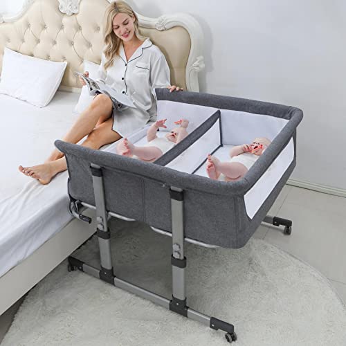 Ihoming Twin Bassinets for Baby, Double Bassinet Bedside Sleeper for Twins, Double Bassinets Sleeper for 2 Babies, Infant Co Sleeper Bedside Crib Attaches to Bed, Pink