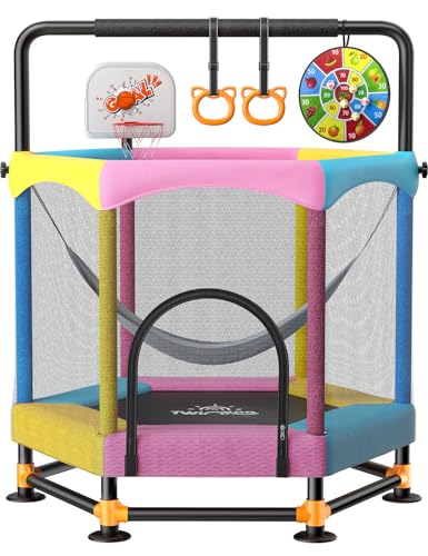 60" Trampoline for Kids, Twinkoo 5FT Fortified Toddler Trampolines with Anti-Rollover Bottom, Indoor/Outdoor Toddler Trampoline with Safety Enclosure, Adjustable Gymnastics Bars, Basketball Hoop