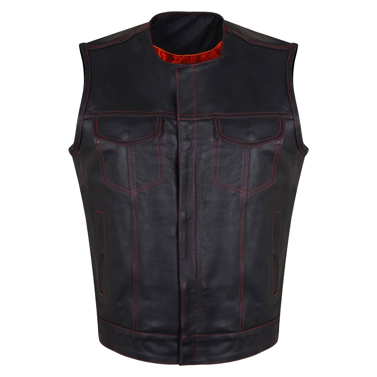 High Mileage HMM919R Mens Black Premium Cowhide Leather SOA Style Club Vest with Quick Access Conceal Carry Pocket and Red Liner