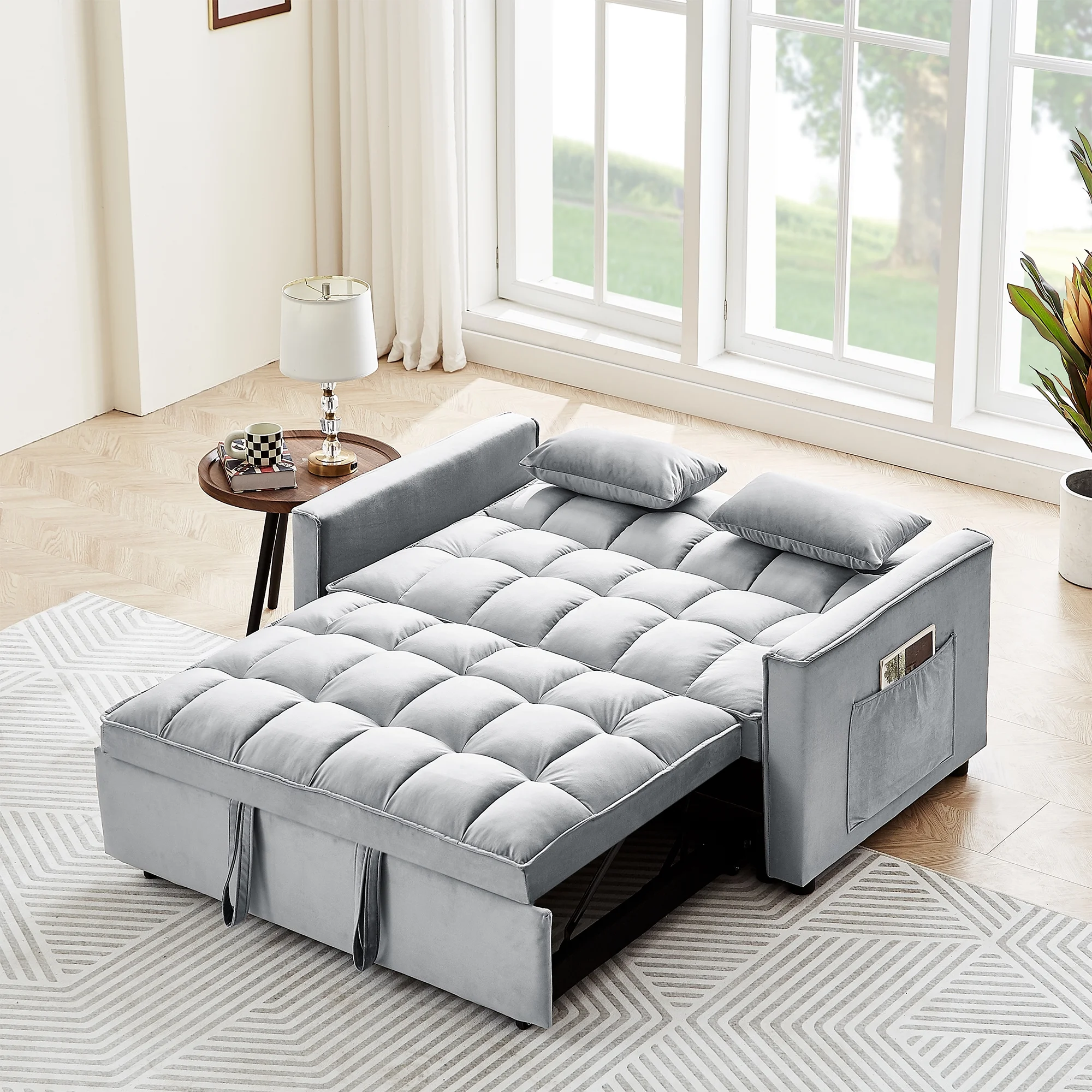 3 in 1 Sleeper Sofa Couch Bed, Modern Velvet Convertible Sleeper Sofa Bed, Small Love seat Sofa Bed with Pull-Out Bed, 2 Pillows and Side Pockets, for Living Room, Apartment, Black