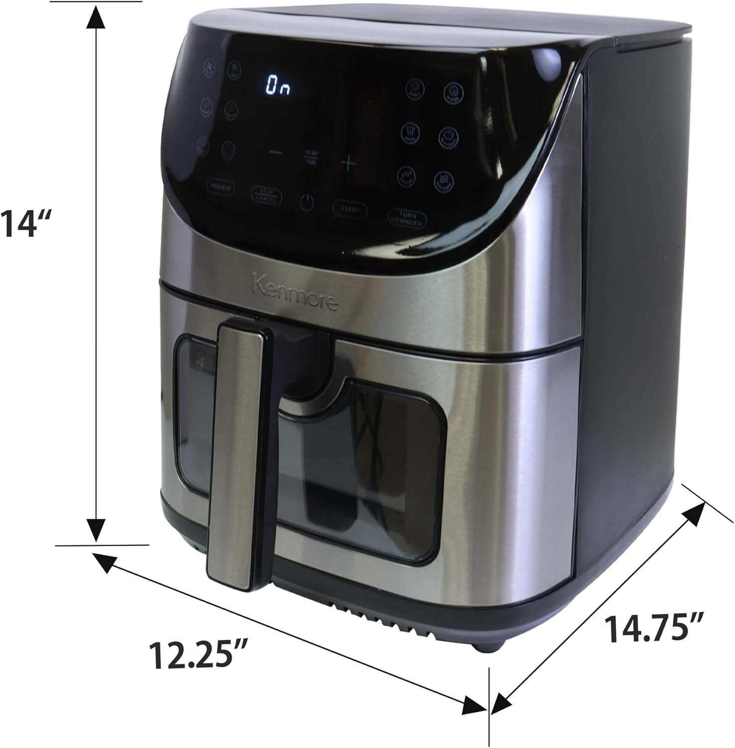 Kenmore 8 Qt Air Fryer, Family Size, 1700W, 12 Preset Cooking Functions, Digital Touch Screen, Programmable Temperature & Timer, Viewing Window, Roast Bake Broil Dehydrate Reheat, Stainless Steel