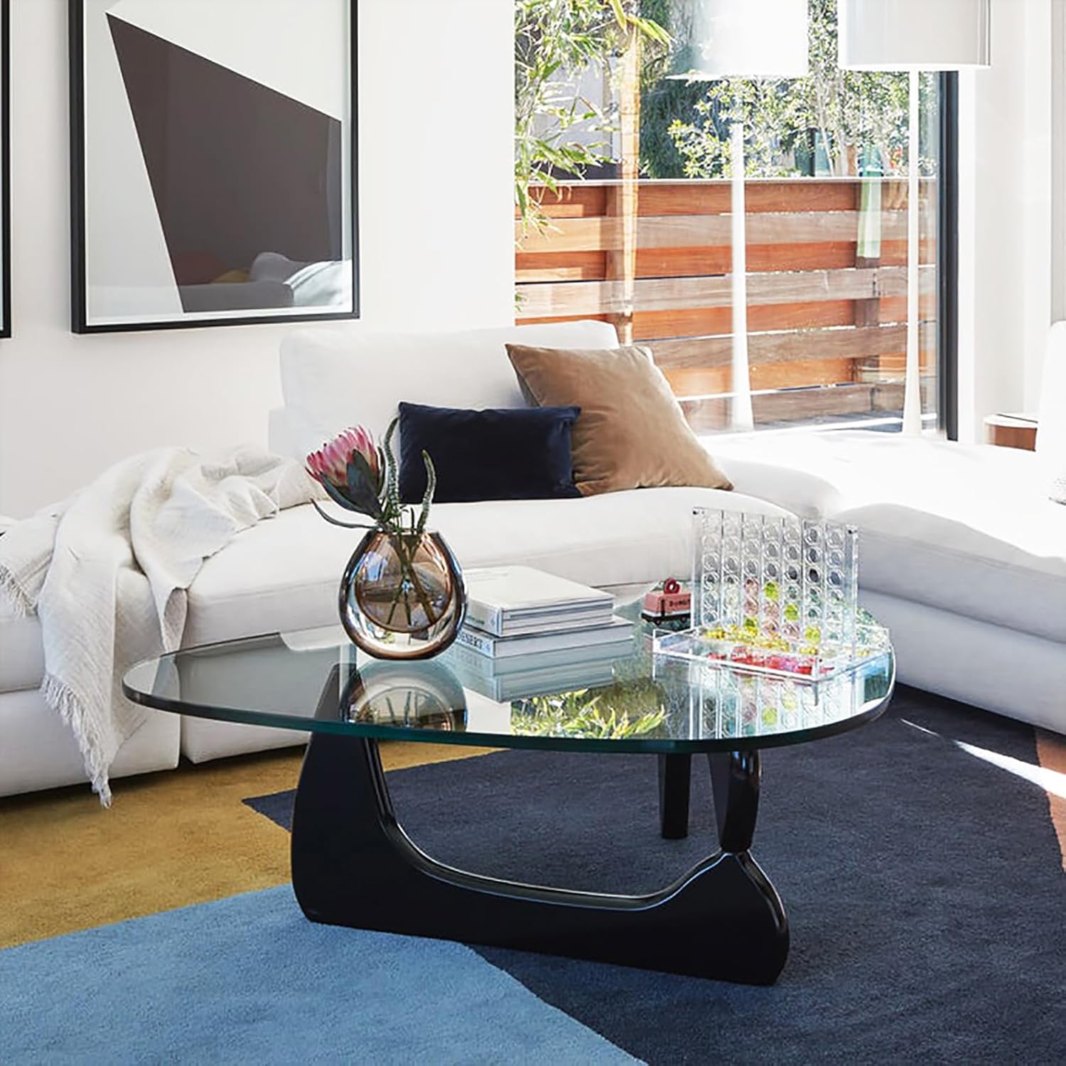 Triangle Coffee Table,Mid Century Modern Glass Coffee Table Solid Wood Base,Clear Abstract Coffee Table for Living Room Low Minimalist Tea Table Coffee Tables(36 * 25.5 * 16 inch, Gray-Black)