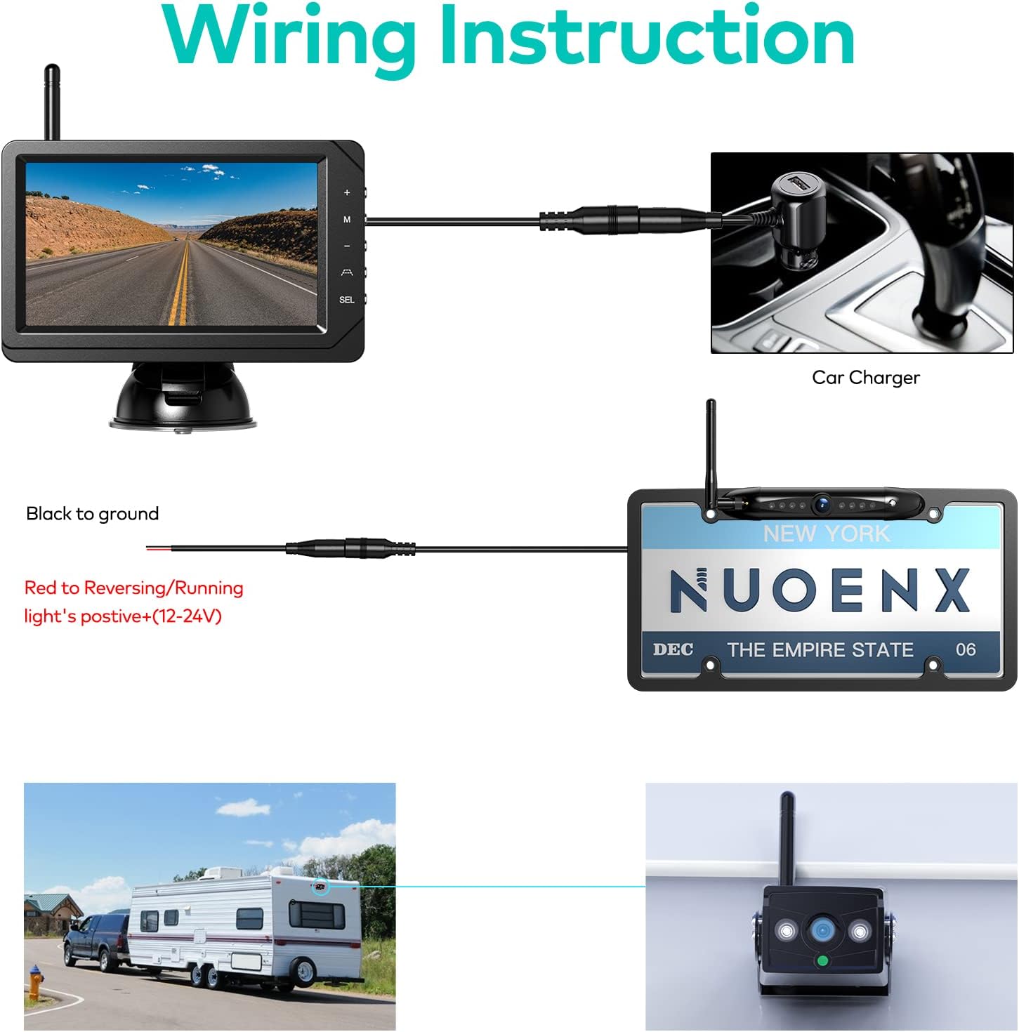 Nuoenx Wireless Backup Camera for RV, Split Screen 5 Inch HD Monitor W/ Wireless License Plate Backup Camera & Wireless Rear View Camera, IR Night Vision Waterproof Camera for RV, Trailer, 5th Wheel
