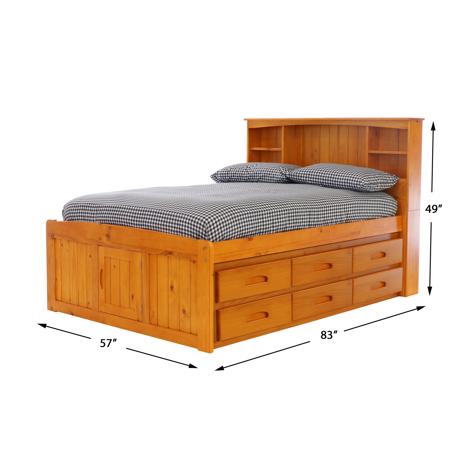 American Furniture Classics OS Home and Office Furniture Model 82121K12-22 Solid Pine Full Captains Bookcase Bed with 12 drawers in Warm Honey