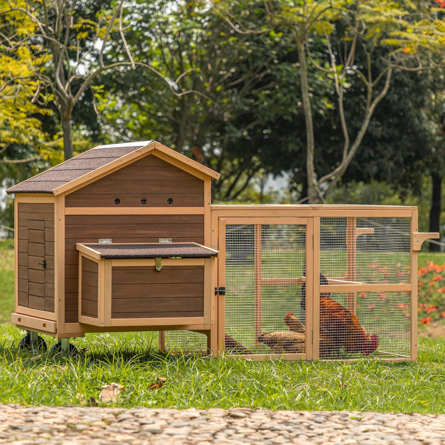PETSFIT Large Chicken Coop Tractor 81" Hen House Suitable for 4-8 Chickens, Outdoor Waterproof Poultry Cage with Nesting Box/Wheels-5 Access Areas & Pull Out Tray for Easy Cleaning