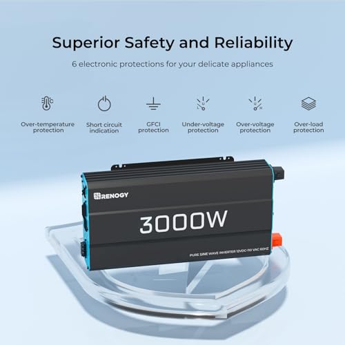 Renogy Inverter PUH, 3000W Pure Sine Wave Power Inverter with UPS Transfer Switch & Bluetooth, 12V DC to 120V AC Converter for RV, Truck, Home,Camping - 6000W Surge Power, Remote Monitoring