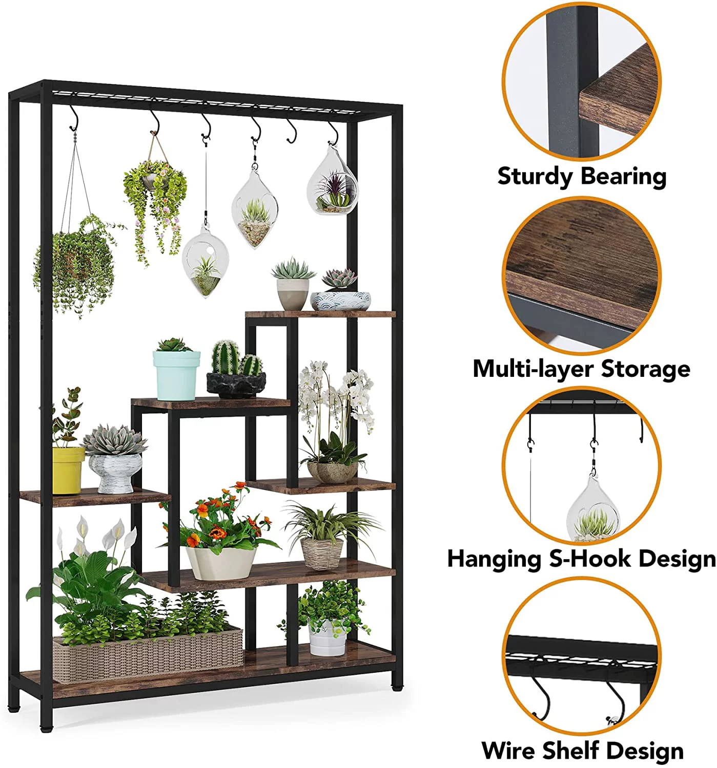 Tribesigns 5-Tier Tall Indoor Plant Stand, 70.9 inches Metal Large Plant Shelf with 10PC S Hanging Hooks, Multi-Purpose Flower Bonsai Pots Display Rack for Indoor, Garden, Balcony, Living Room