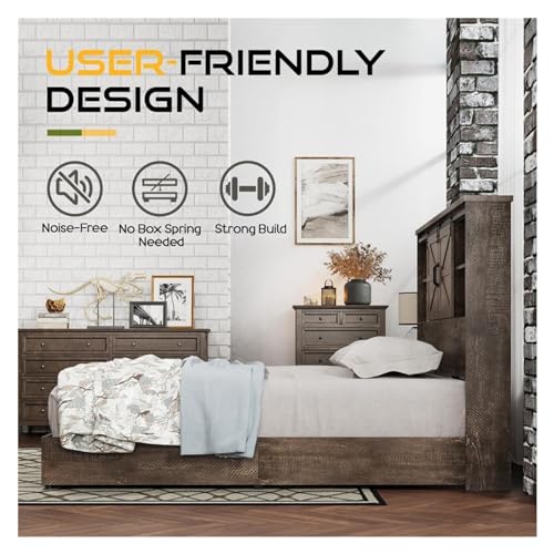 King Size Wood Platform Bed Frame with 51.2"" Bookcase Headboard, Storage Bed with Sliding Barn Door Charging Station 2 Drawers,Modern Style, xx-921