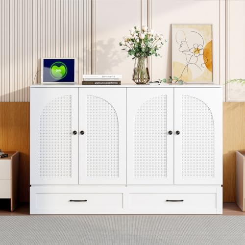 Full Size Murphy Bed Cabinet, Solid Wood Murphy Bed with Charging Station and Large Storage Drawer, Wall Mounted Foldable Platform Bed, Space Saving for Guest Room, Office, Gray