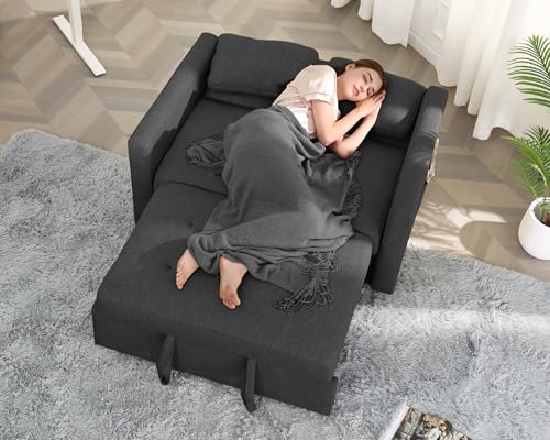 Sleeper Sofa, 3-in-1 Convertible Pull Out Couch Bed Futon Sofa, Linen Fabric Loveseat with 2 Pillows Adjustable Backrest, Chaise Lounge for Small Spaces Apartment Dorm, Sky Blue