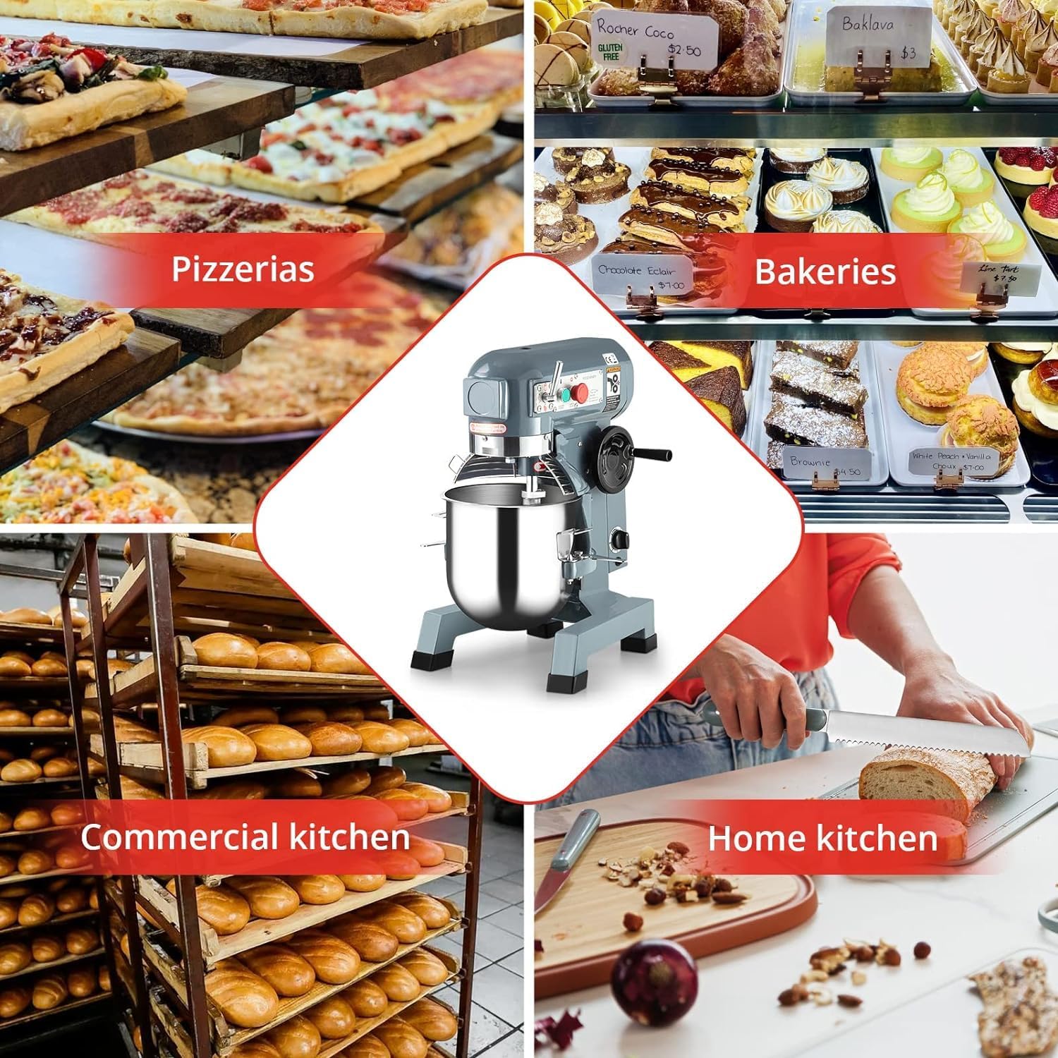 Commercial Food Mixer, 15Qt Commercial Dough Mixer, 600W Stainless Steel Bowl Heavy Duty Food Mixer with 3 Speeds Adjustable, Dough Hook Whisk Beater Included, Perfect for Bakery Pizzeria