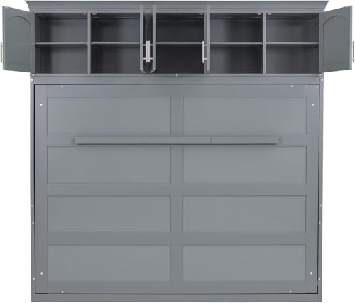 MERITLINE Queen Horizontal Murphy Bed Cabinet with Storage Bookcase Shelves and Charging Station,Wood Folding Grey Murphy Wall Bed for Adult