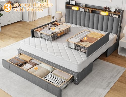 EnHomee Full Bed Frame with 3 Drawers,Queen Size Bed Frame with 2-Tier Storage Headboard, Upholstered Platform Bed Frame Queen Size with Storage,Wood Slats Support,No-Noise, Easy Assembly,Grey