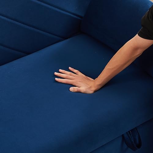55 Inch Sleeper Sofa w/USB Port, 3-in-1 Adjustable Couch with Pull-Out Bed, 2 Lumbar Pillows and Side Pocket, Soft Velvet Convertible Sofabed for Living Room Bedroom Office, Blue