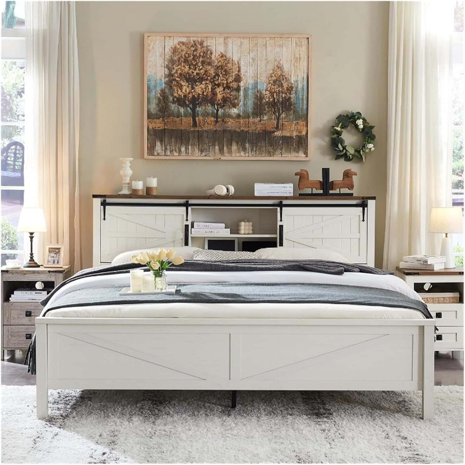 Farmhouse Queen Size Bed Frame with Storage Bookcase Headboard with Sliding Barn Door, Rustic Wood Platform Bed,Modern Style, xx-921