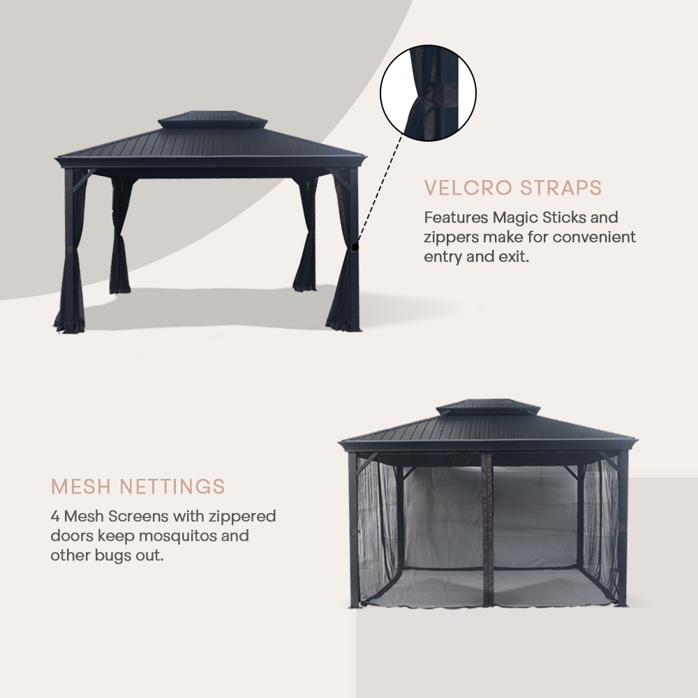 FineFind 10ft x 12ft Hardtop Gazebo with Netting for Patios, Lawn, Backyard and Deck(BLACK)