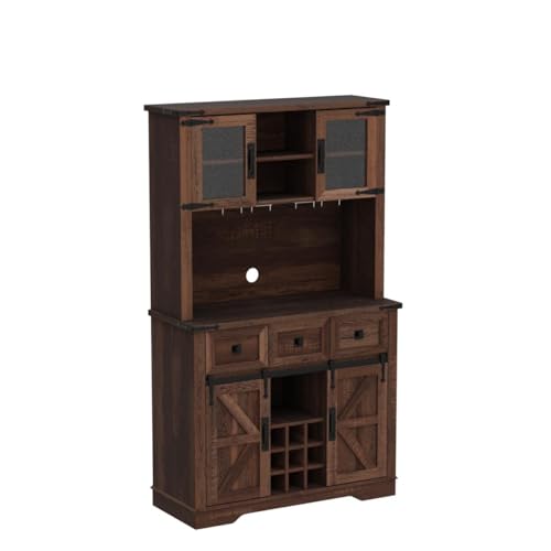OKD 72" Farmhosue Bar Cabinet with Sliding Barn Door, Large Kitchen Buffet with Hutch w/Wine & Glasses Rack, 3 Drawers, 12 Storage Shelves, Rustic Coffee Bar Sideboard Table, Antique Brush White