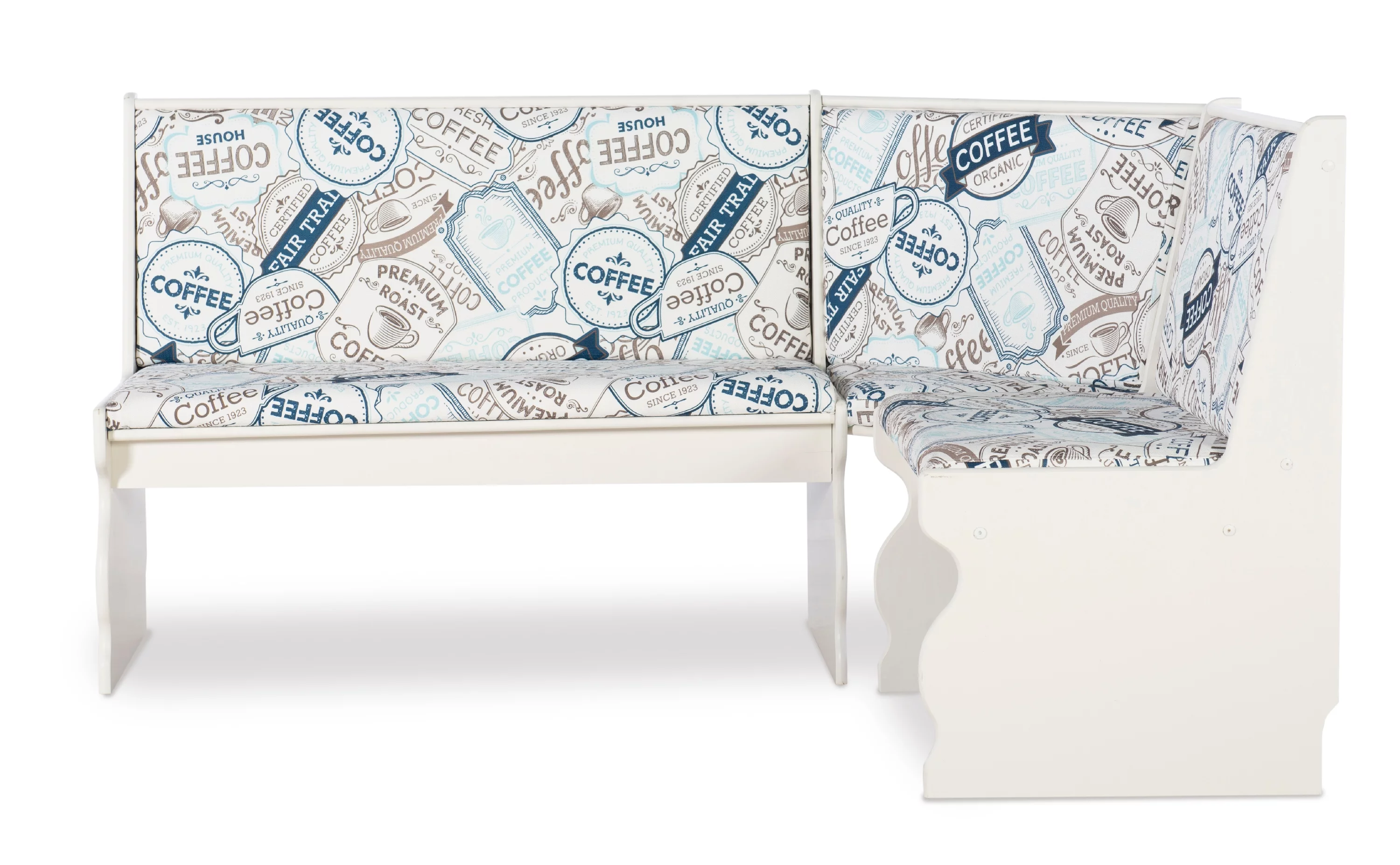 Linon Weston Corner Dining Breakfast Nook with Table and Bench, Seats 5-6, White Finish with Coffee Patterned Fabric