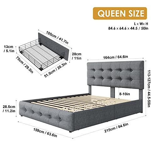 Queen Bed Frame with 4 Storage Drawers and Adjustable Headboard, Upholstered Platform Bed with Button Tufted Design, Strong Wooden Slats Support, No Box Spring Needed, Black