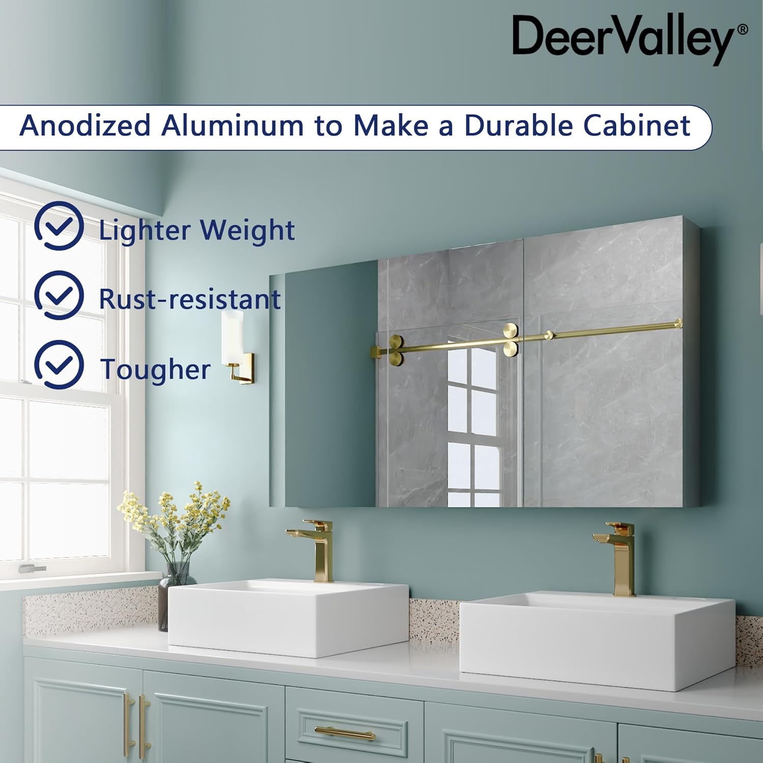 48 inch Medicine Cabinet with Mirror, DeerValley Aluminum 3 Door Mirrored Medicine Cabinet, Frameless Modern Wall Mount Mirrored Medicine Cabinets with 3 Doors and 2 Adjustable Shelves