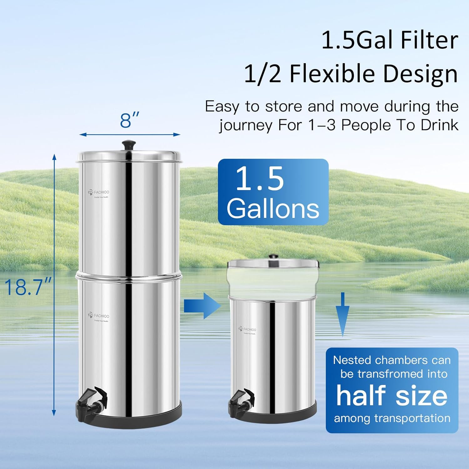 Gravity-fed Water Filter System, 1.5-Gallon Stainless Steel Countertop System with 4 Black Filters and Spigot, Reduces 99% Chlorine, King Tank Series