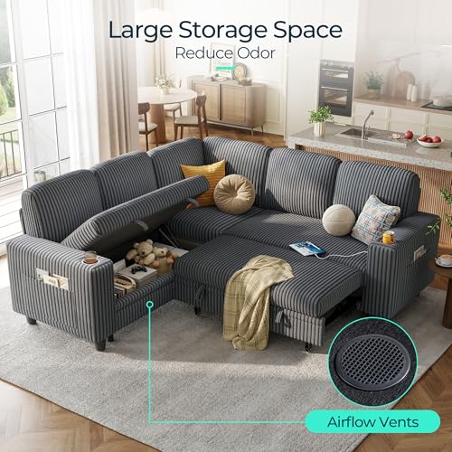 LINSY HOME Sectional Sleeper Sofa with Pull Out Couch Bed Convertible Plush Corduroy Cloud Couch with Storage Chaise & USB Charging, Comfy L Shaped Modular Couches for Living Room Apartment (Grey)