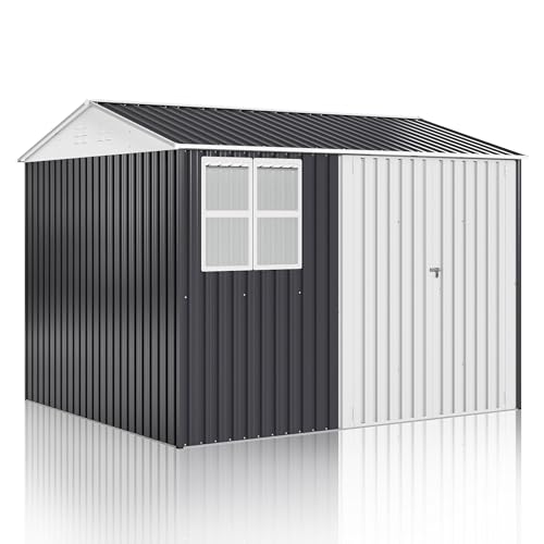 10x10 FT Outdoor Storage Shed, Metal Garden Tool Shed with Updated Frame Structure, Lockable Doors and Windows, Ideal for Backyard Garden Patio Lawn, Grey
