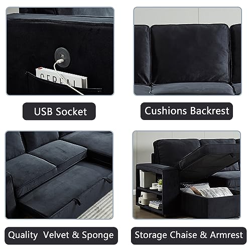 Modern L-Shaped Sectional Sofa, Velvet Sofabed with USB & Storage Chaise, Brown