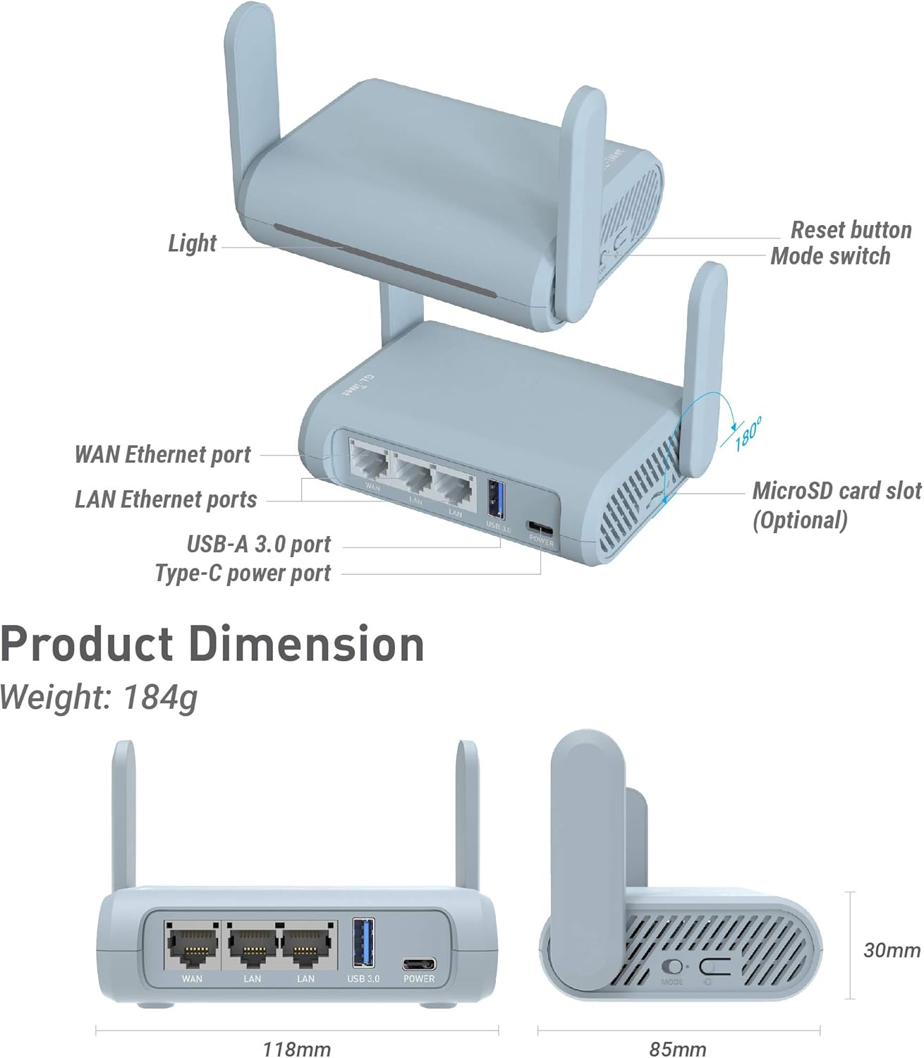 GL.iNet GL-MT1300 (Beryl) VPN Secure Travel Gigabit Wireless Router, AC1300 400Mbps (2.4GHz) + 867Mbps (5GHz) Wi-Fi, Pocket-Sized Hotspot, IPv6, Tor, MicroSD Slot, USB3.0 for Wi-Fi Repeater