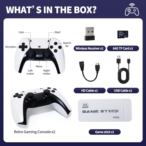 Wireless Retro Game Console Stick 4K，Retro Game Stick with Built-in 20+ Emulators, 20,000+ Games, 4k Hdmi Output & 2.4GHz Wireless Controller, Retro Game Emulators, Plug & Play TV Video Games(64G)