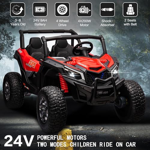MOLACHI 24V 2 Seater Kids Ride on UTV Car,4WD Battery Powered Electric Vehicle for Kid,Ride On Truck with Remote Control,Safety Belts,3 Speeds,Bluetooth (Pink)