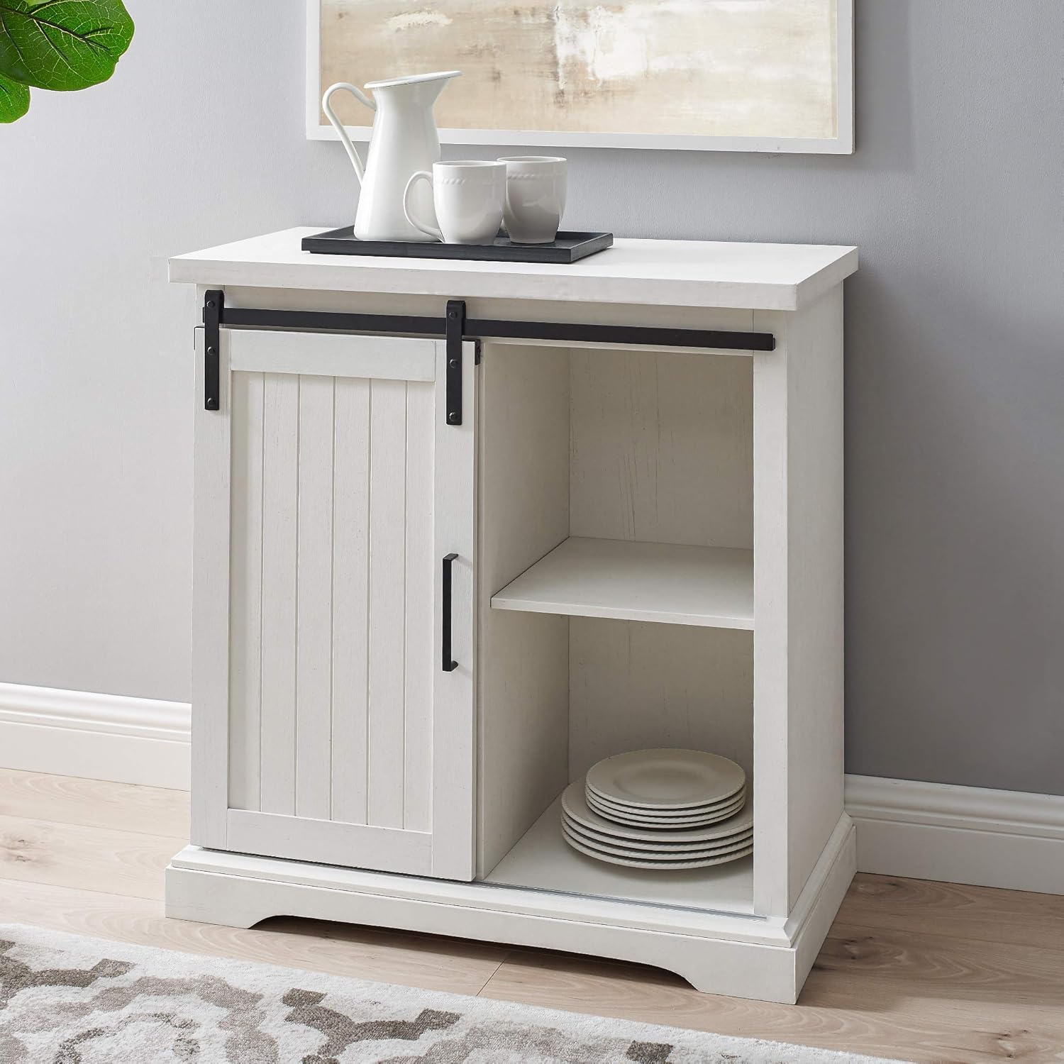 Walker Edison Beaumont Modern Farmhouse Sliding Slat Door Storage Cabinet, 32 Inch, Grey Wash