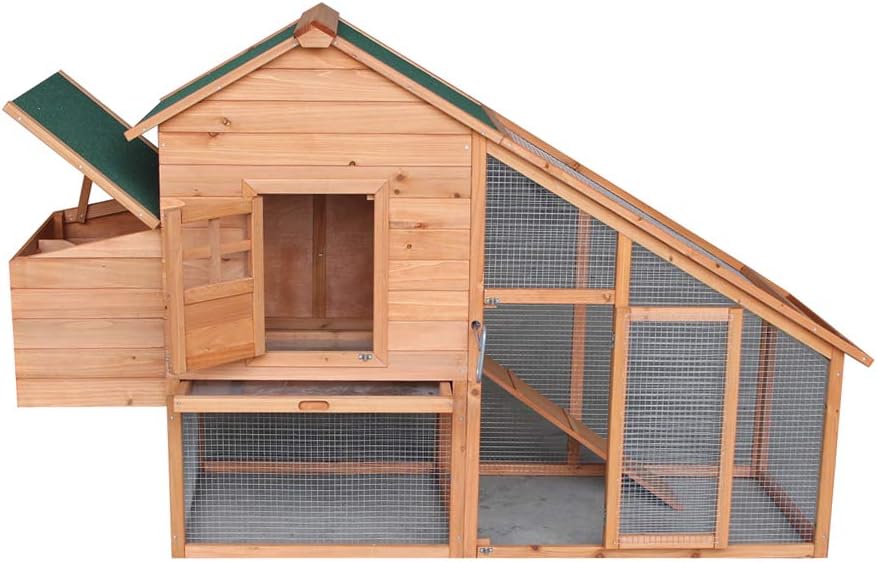 Outdoor Wooden Chicken Coop,Multi-Level Hen House, WaterproofPet Rabbit Hutch Chiken Coop Cage Hen House Poultry Cage with Ramps, Run, Nesting Box, Wire Fence (75‘’)