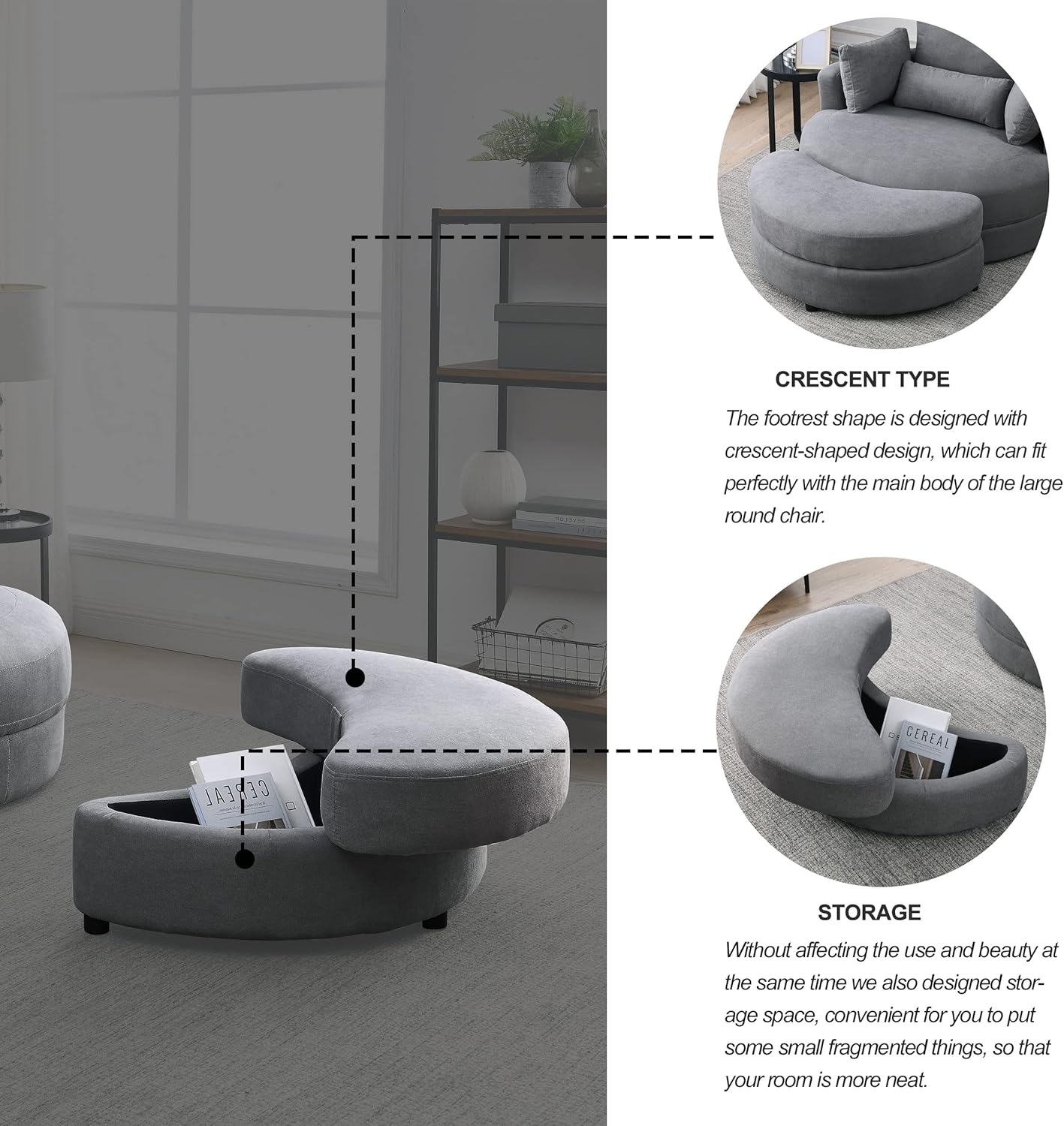 Welike Swivel Accent Barrel Modern Dark Grey Sofa Lounge Club Big Round Chair with Storage Ottoman Linen Fabric for Living Room Hotel with Pillows