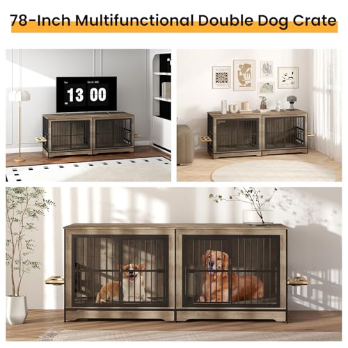 86 Inch Double Dog Crate Furniture with Divider, 4 Combination Forms Large Dog Kennel Furniture for 2 Dogs, Rustic Brown Corner Dog Kennel for Small Medium Large Dogs