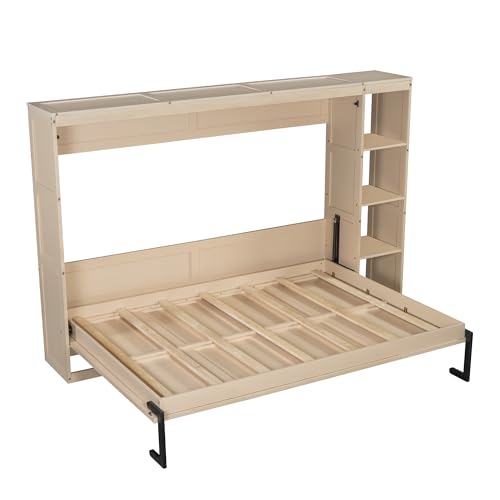 Full Size Horizontal Murphy Bed with Shelves, Full Murphy Bed with Side Bookcase, can be Folded into a Cabinet, Hideaway Wall Bed Space-Saving for Guest Room Bedroom Office, Natural