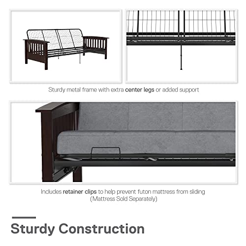REALROOMS Elbi Full Size Wood Arm and Black Metal Futon Frame, Brown
