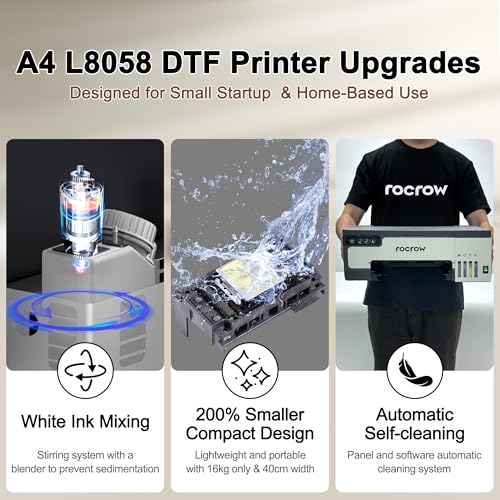 A4 T-shirt DTF Printer with White Ink Mixing and Roll Feeder, Automatic Cleaning L8058 Printer Machine for DIY Transfer, Includes Oven, Heat Press, Ink, Film, T-shirt (Printer + Oven + Heat Press)