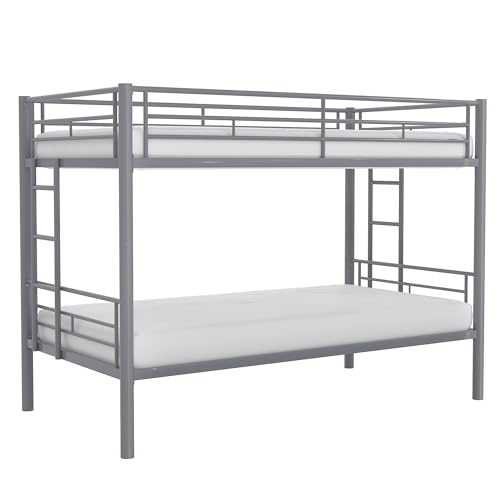 VECELO Metal Loft Bed Twin Size, Heavy Duty Bedframe with Removable Ladder and Safety Guardrail, Space-Saving, Noise Free, No Box Spring Needed, Off White