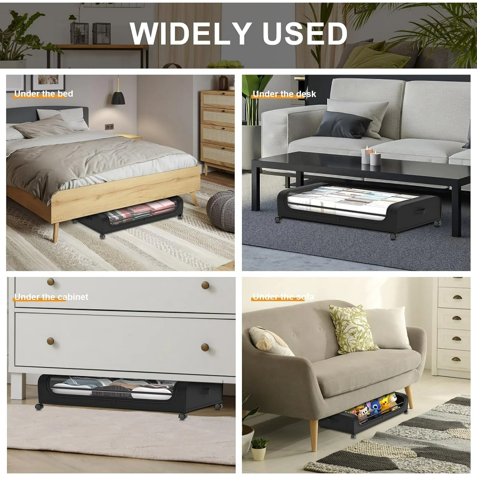Under Bed Storage with Wheels 2 Pack, Under Bed Storage Containers, Large Under Bed Rolling Storage with Lid, Bedroom Storage Organizer for Clothes, Shoes,Toys, Books, Blankets BLACK