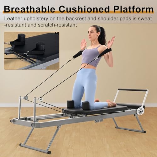 Foldable Pilates Reformer, Home Pilates Reformer Machine -Perfect for Tall People-5 Metal Resistance Springs-Up to 440 lbs Weight Capacity for Intermediate and Beginners Users