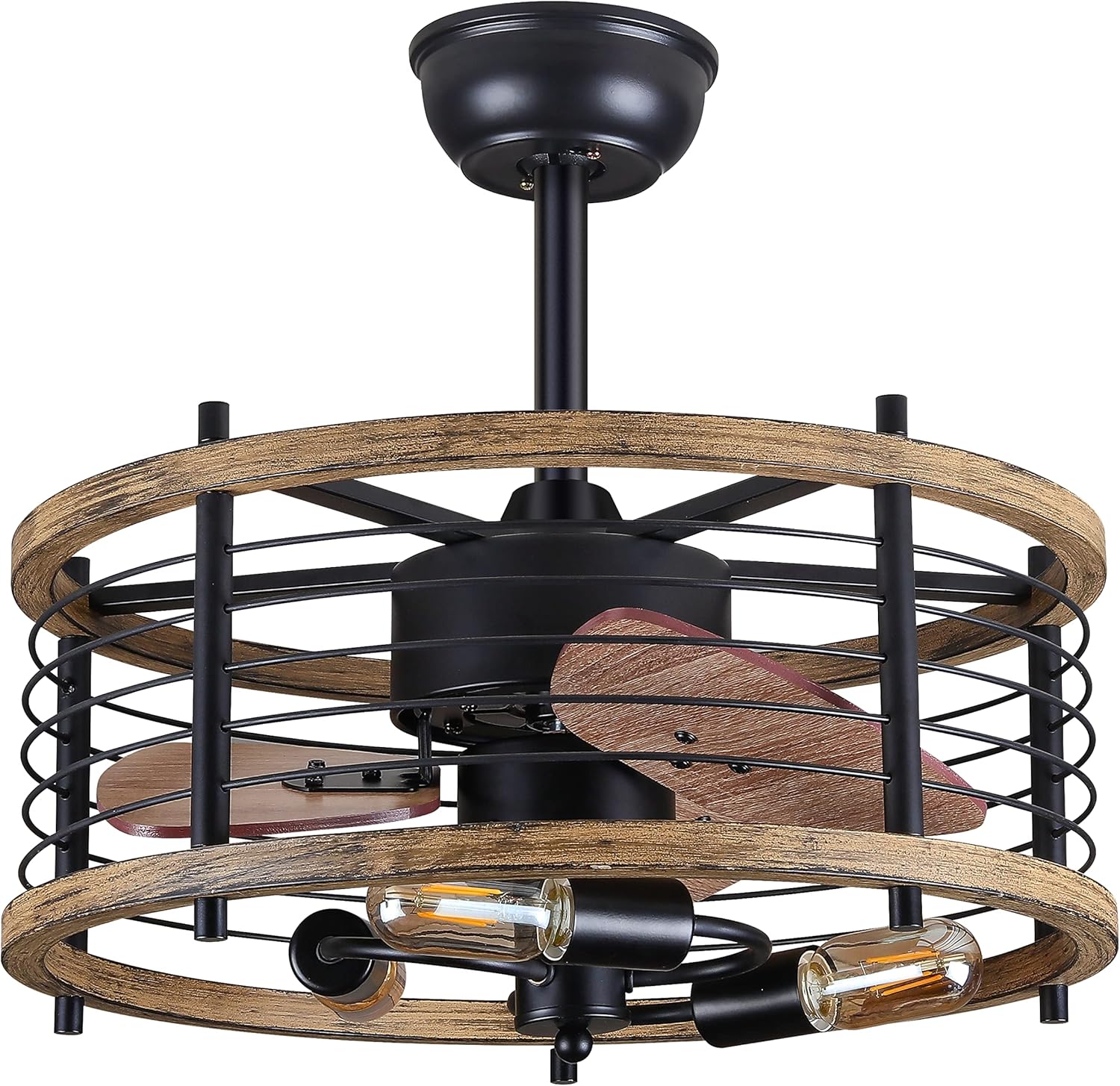 20-inch Industrial Caged Ceiling Fan with Lights Remote Control, Reversible,Modern Enclosed Bladeless Ceiling Fan Indoor, Rustic Vintage Metal Cage Fandelier Ceiling Fan (Mesh,Bulbs Included)