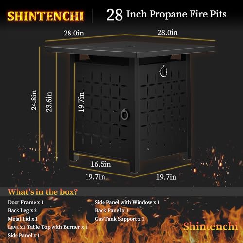 Shintenchi Propane Fire Pits 28 Inch Outdoor Gas Fire Pit, 50,000 BTU Steel Fire Table with Lid and Lava Rock, CSA-Certified Propane Fire Pit Outdoor/Patio with Rattan Pattern Steel Base/Lid, Black