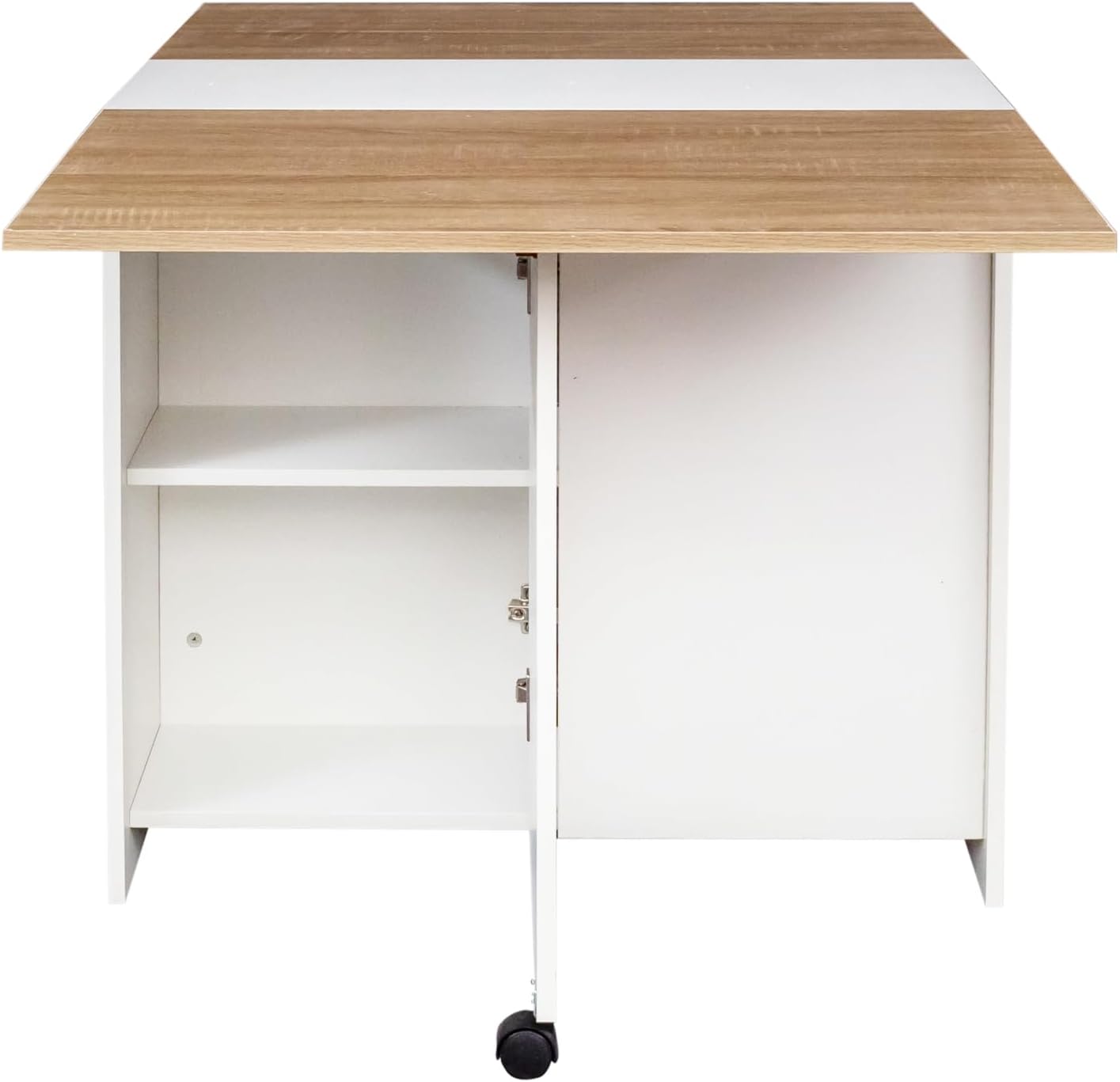 Folding Dining Table with Wheels, Drop Leaf Dining Table with 2 Layer Storage Shelf, Farmhouse Wood Kitchen Table for 4, Rectangle Extendable Dining Table for Kitchen Small Spaces, White+Oak
